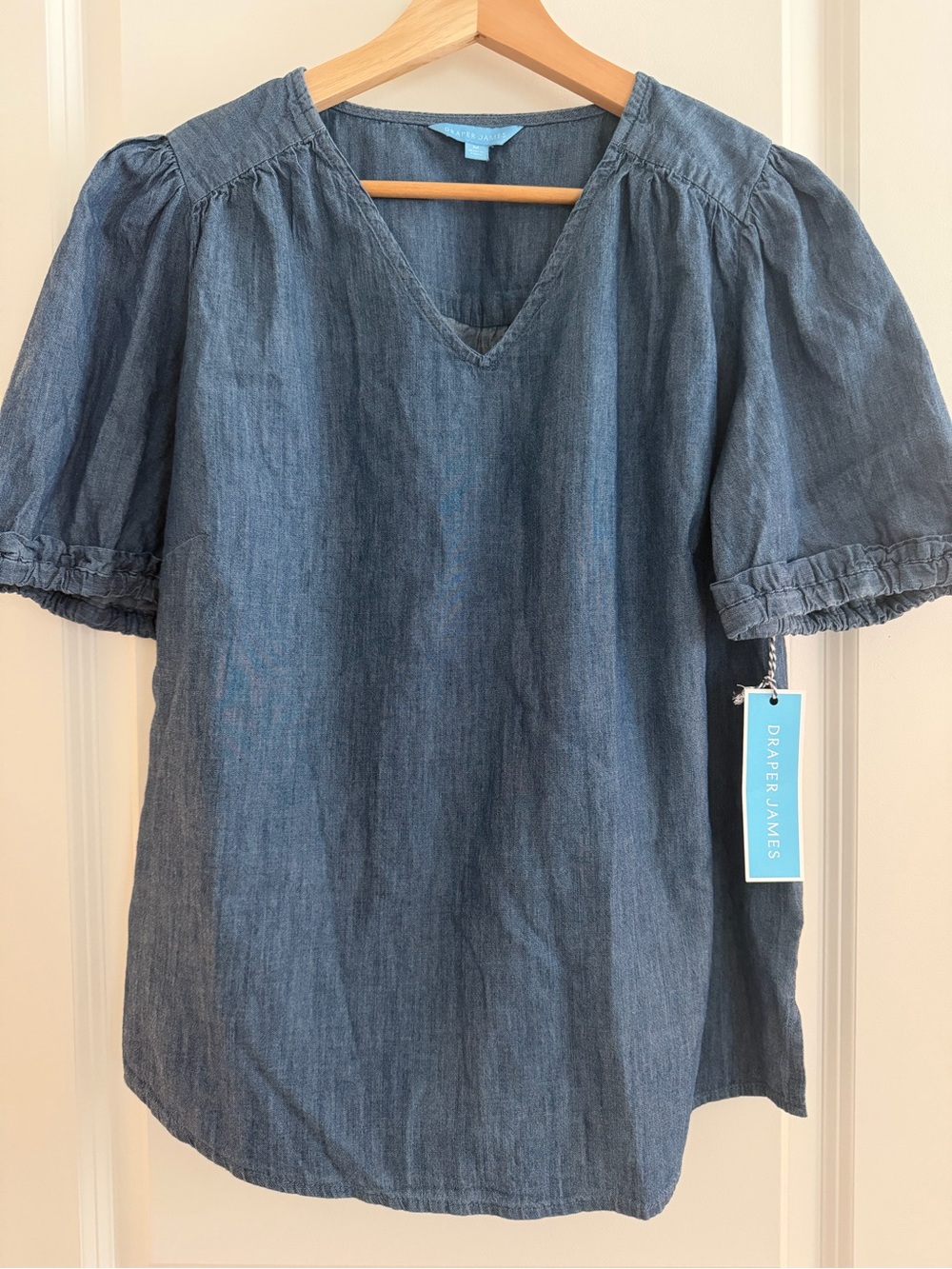 Draper James Indigo Denim V-Neck Puff Sleeve Top